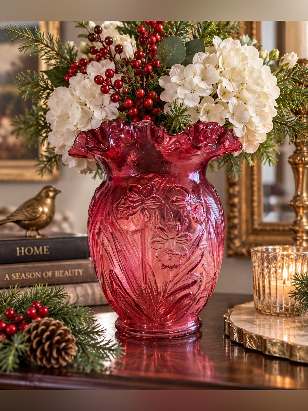 Vintage Fenton Cranberry Glass Daffodil Vase Ruffled Rim 8” Art Glass